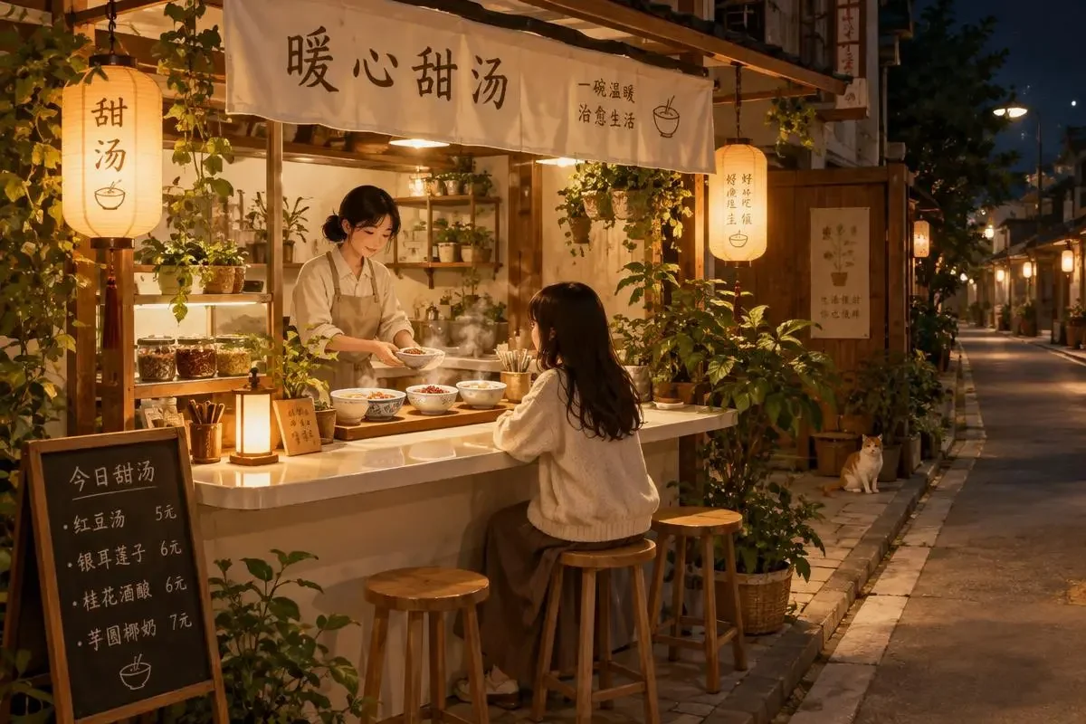 夜晚的糖水铺挂着粉色灯笼与浅青色瓷砖，本地推荐封面